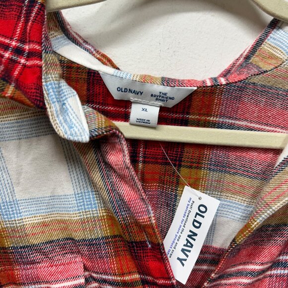 NWT Old Navy the boyfriend shirt plaid button down red tan XL - Picture 6 of 7